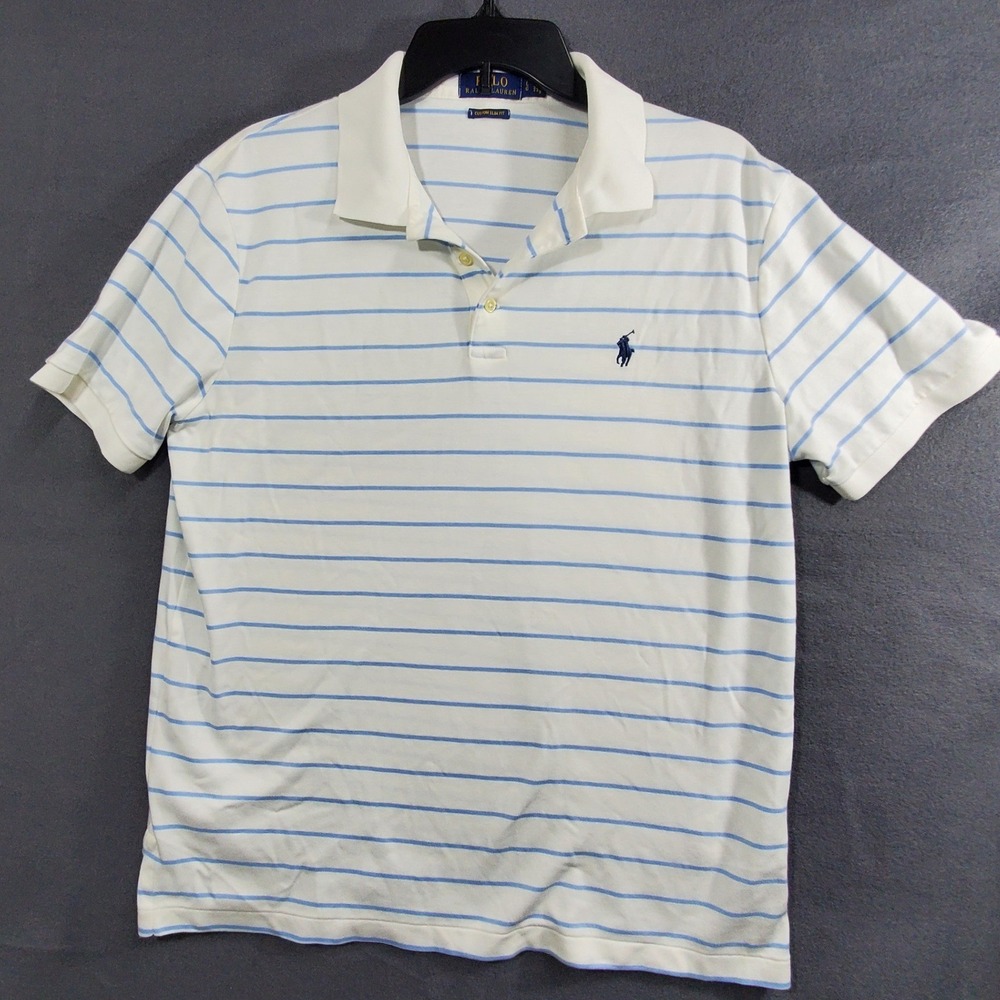 Polo Ralph Lauren Mens Custom Slim Fit Striped Polo Shirt White Blue Large